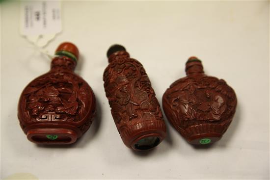 Three Chinese cinnabar lacquer snuff bottles, 1750-1850, Richards no.s 45, 172 and 464